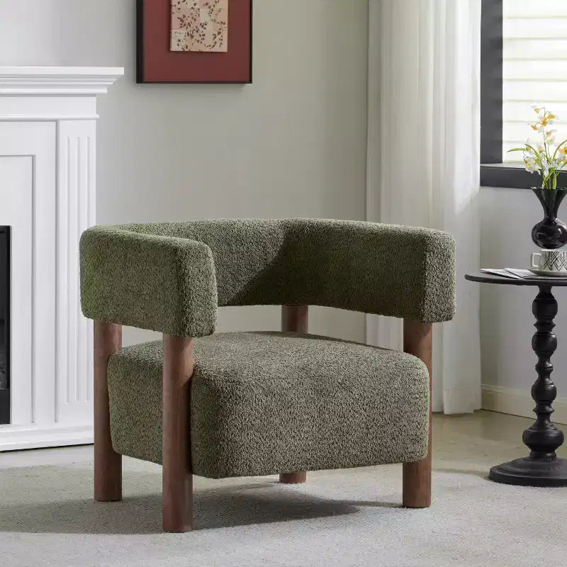 Poltrona con accento in bouclé colore cammello chiaro / oliva / grano / bianco / giallo, stile Mid-Century, 1 posto