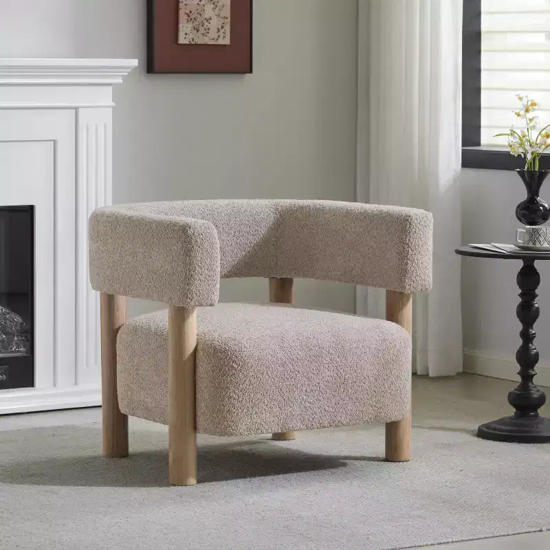 Poltrona con accento in bouclé colore cammello chiaro / oliva / grano / bianco / giallo, stile Mid-Century, 1 posto