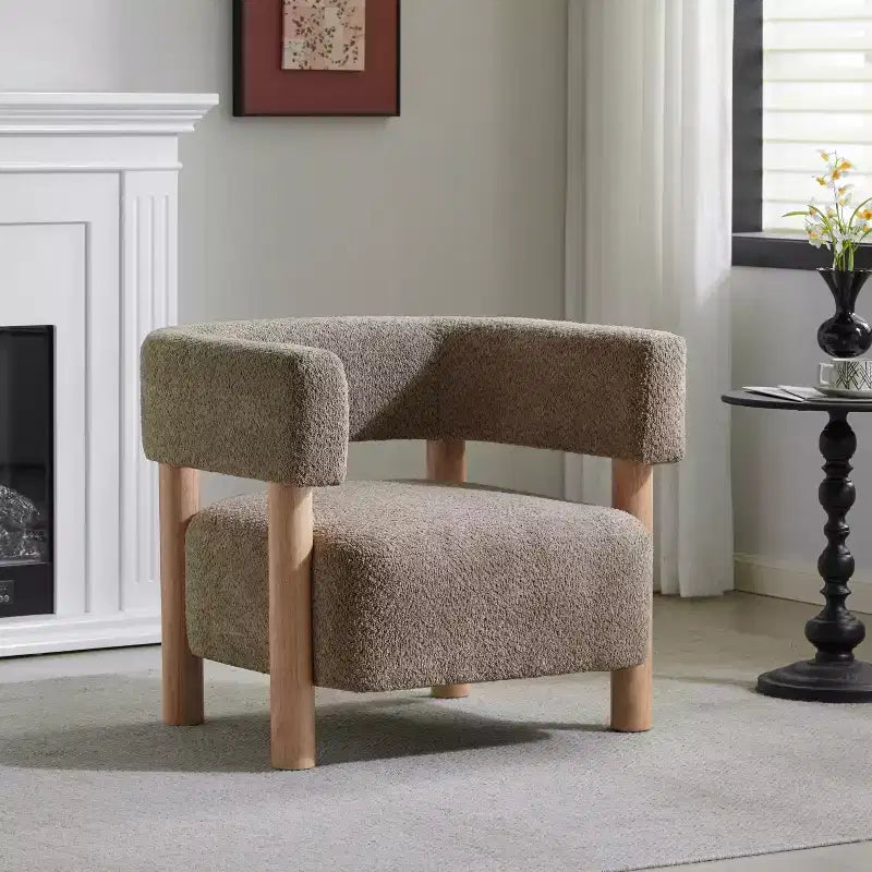 Poltrona con accento in bouclé colore cammello chiaro / oliva / grano / bianco / giallo, stile Mid-Century, 1 posto