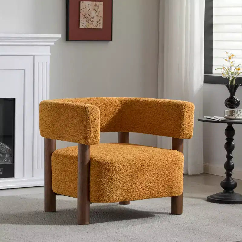 Poltrona con accento in bouclé colore cammello chiaro / oliva / grano / bianco / giallo, stile Mid-Century, 1 posto