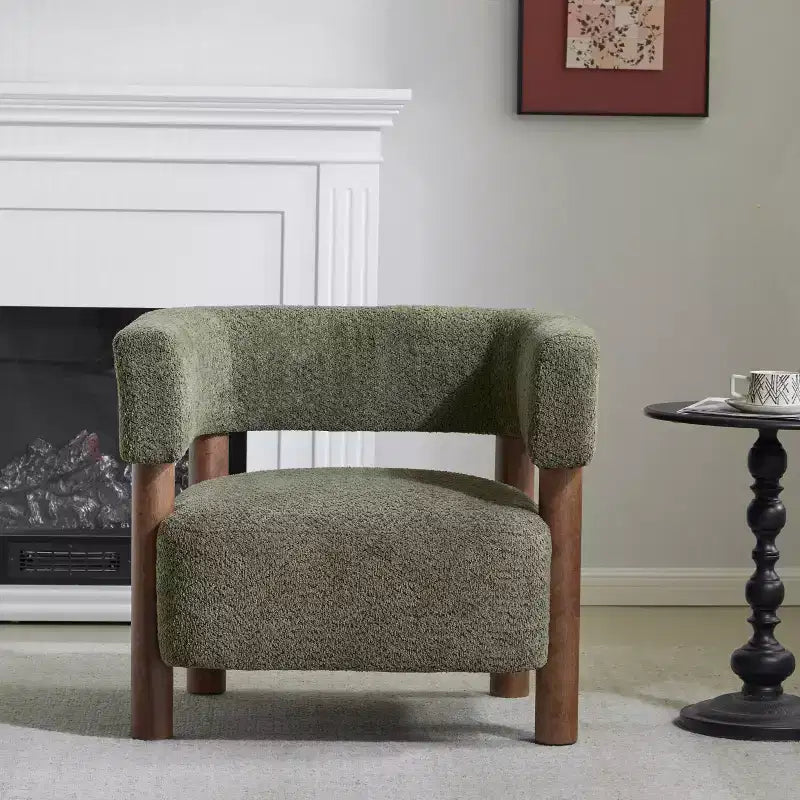 Poltrona con accento in bouclé colore cammello chiaro / oliva / grano / bianco / giallo, stile Mid-Century, 1 posto