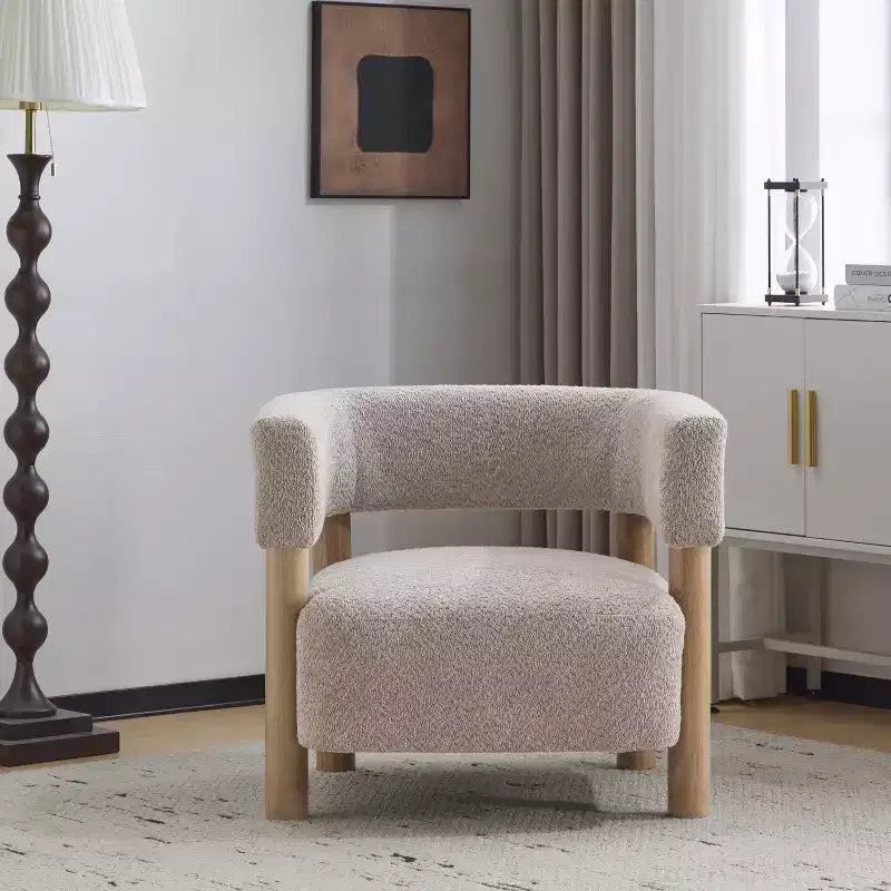Poltrona con accento in bouclé colore cammello chiaro / oliva / grano / bianco / giallo, stile Mid-Century, 1 posto