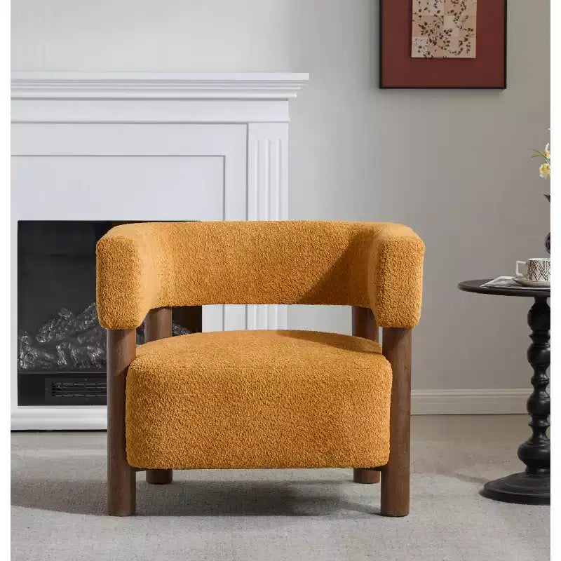 Poltrona con accento in bouclé colore cammello chiaro / oliva / grano / bianco / giallo, stile Mid-Century, 1 posto