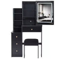 Okak Vanity Table with Drawers and Adjust LED Mirror, 29.2 Left-Side Bedside Vanity Desk with Cushioned Stool and Tri-color Switching, Black