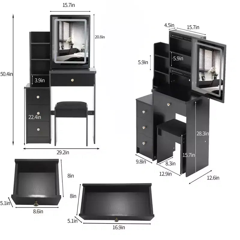 Tocador negro con espejo LED, cajones y taburete acolchado – 1 persona