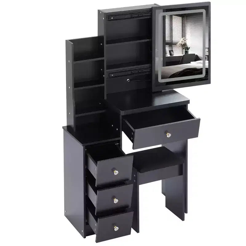 Tocador negro con espejo LED, cajones y taburete acolchado – 1 persona