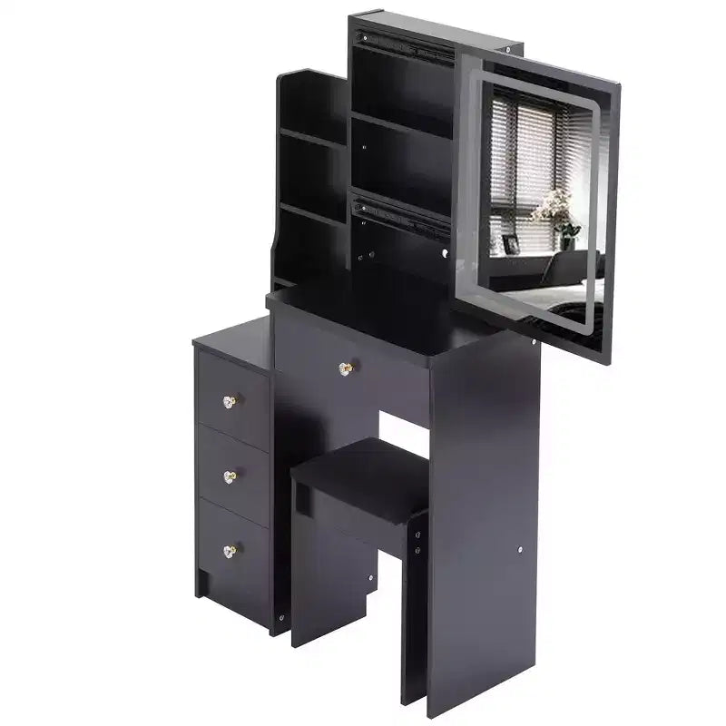 Tocador negro con espejo LED, cajones y taburete acolchado – 1 persona