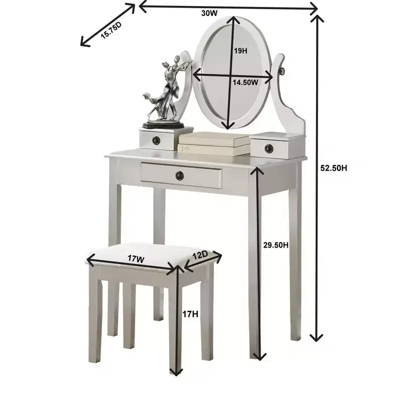 Toeletta e Sgabello in Legno Bianco con Specchio Ovale – 1 Persona
