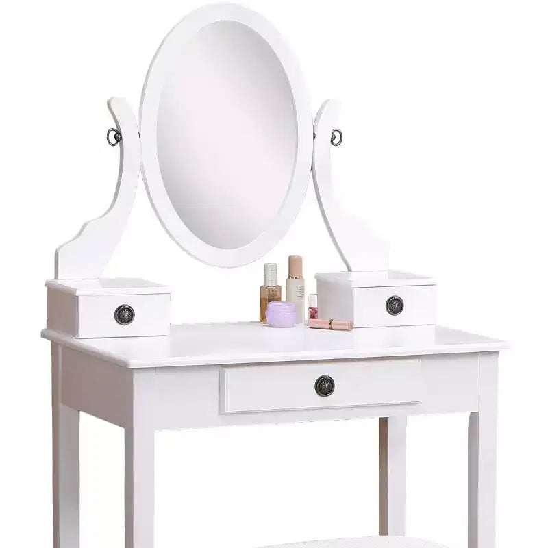 Toeletta e Sgabello in Legno Bianco con Specchio Ovale – 1 Persona