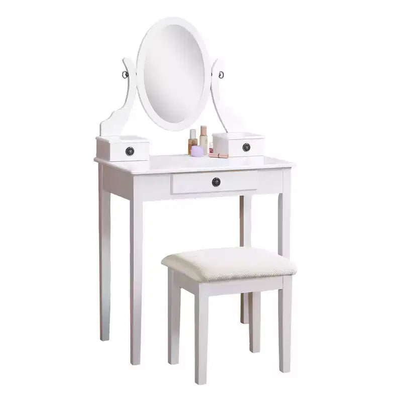 Toeletta e Sgabello in Legno Bianco con Specchio Ovale – 1 Persona