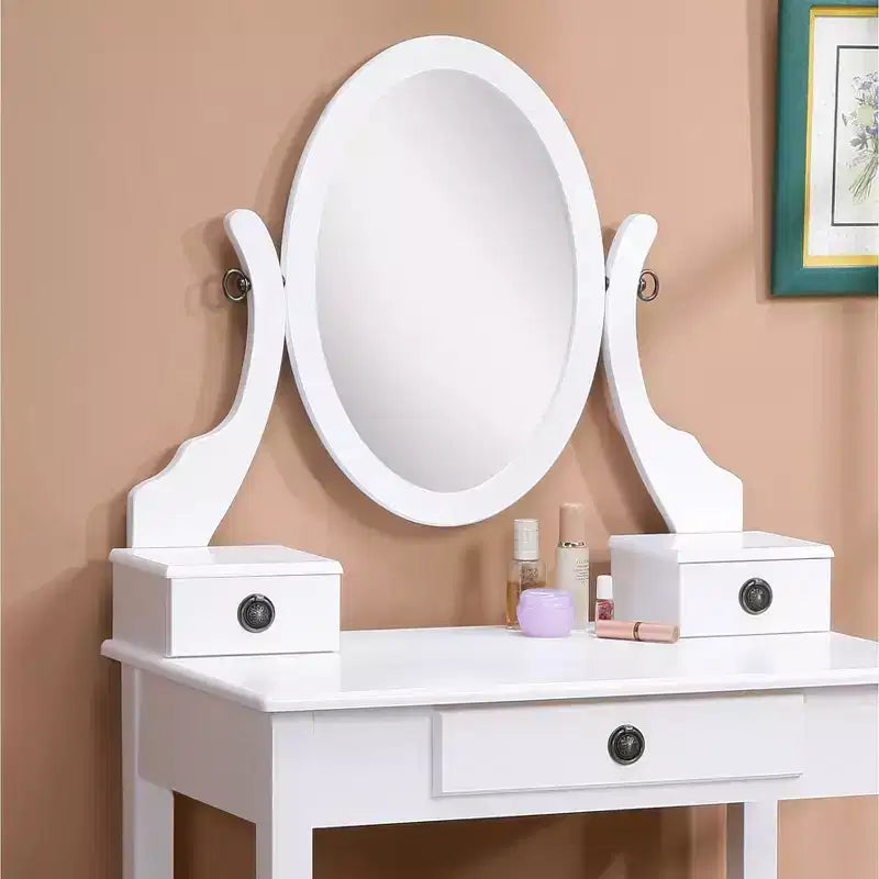 Toeletta e Sgabello in Legno Bianco con Specchio Ovale – 1 Persona