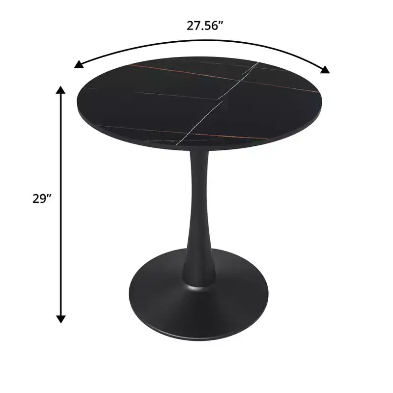 Tavolo da pranzo rotondo da 27", nero/legno naturale/bianco, piano in pietra sinterizzata, base a piedistallo, 3 posti