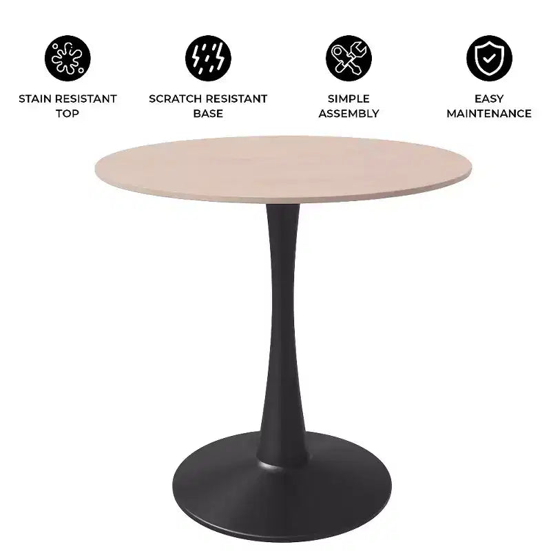 Tavolo da pranzo rotondo da 27", nero/legno naturale/bianco, piano in pietra sinterizzata, base a piedistallo, 3 posti