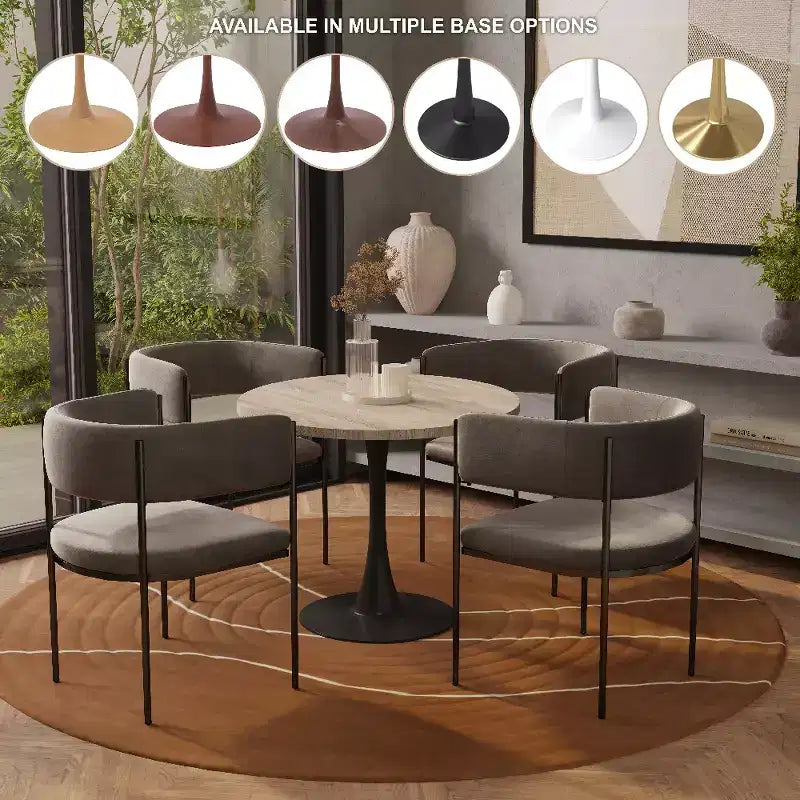 Tavolo da pranzo rotondo da 27", nero/legno naturale/bianco, piano in pietra sinterizzata, base a piedistallo, 3 posti