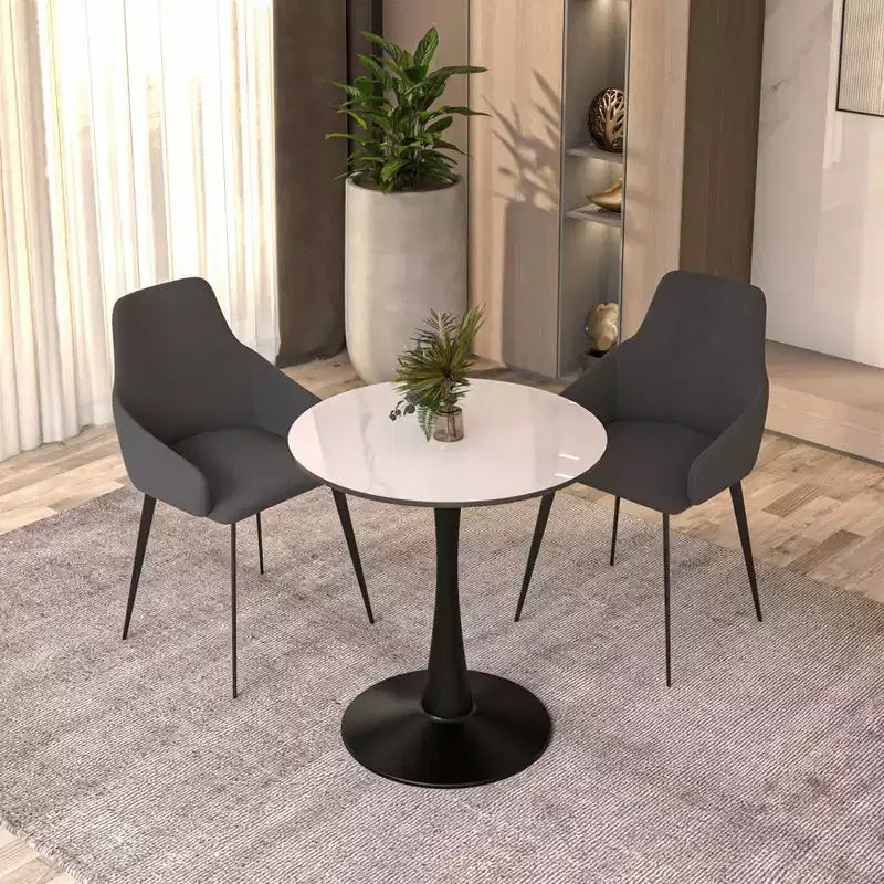 Tavolo da pranzo rotondo da 27", nero/legno naturale/bianco, piano in pietra sinterizzata, base a piedistallo, 3 posti