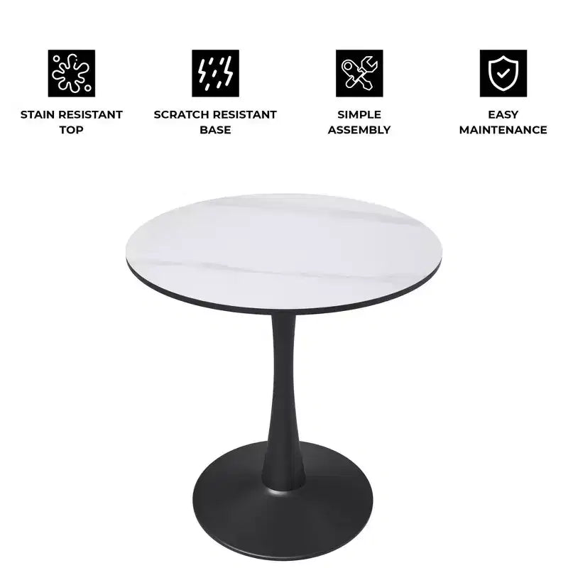 Tavolo da pranzo rotondo da 27", nero/legno naturale/bianco, piano in pietra sinterizzata, base a piedistallo, 3 posti