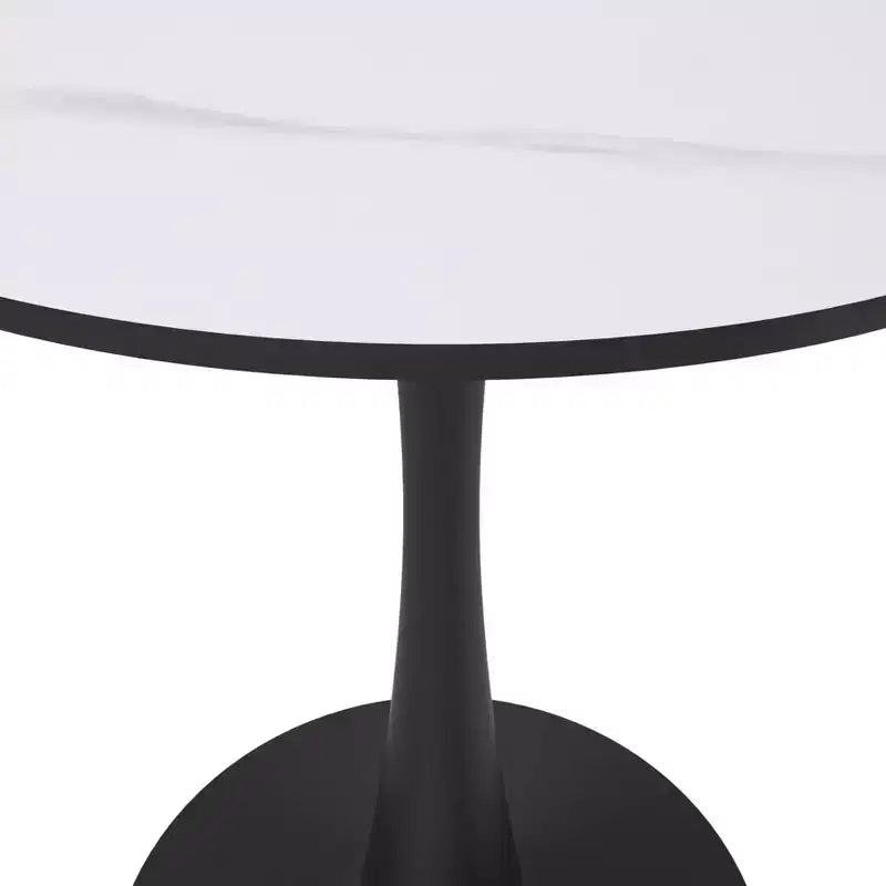 Tavolo da pranzo rotondo da 27", nero/legno naturale/bianco, piano in pietra sinterizzata, base a piedistallo, 3 posti