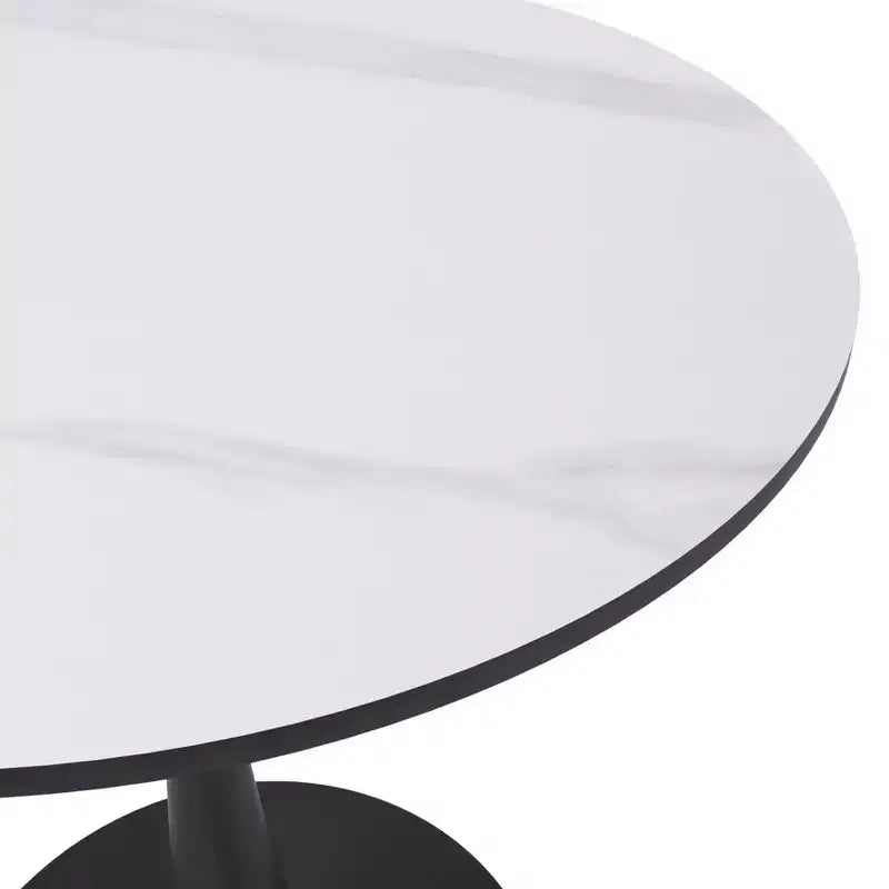 Tavolo da pranzo rotondo da 27", nero/legno naturale/bianco, piano in pietra sinterizzata, base a piedistallo, 3 posti