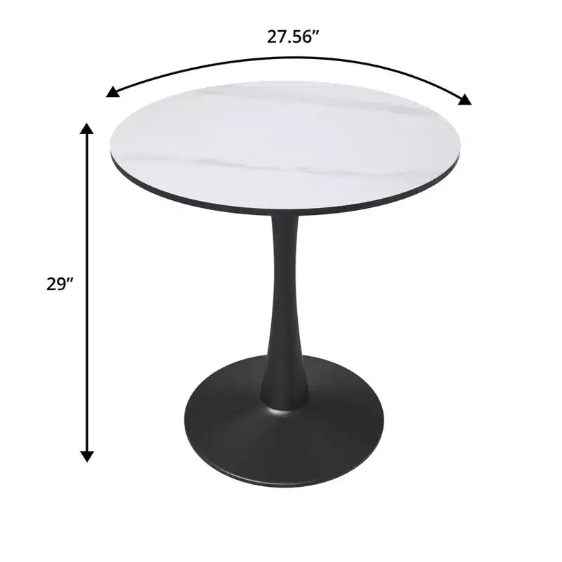 Tavolo da pranzo rotondo da 27", nero/legno naturale/bianco, piano in pietra sinterizzata, base a piedistallo, 3 posti