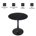 Tavolo da pranzo rotondo da 27", nero / legno naturale / bianco, piano in pietra sinterizzata, base a piedistallo, posti per 3 persone