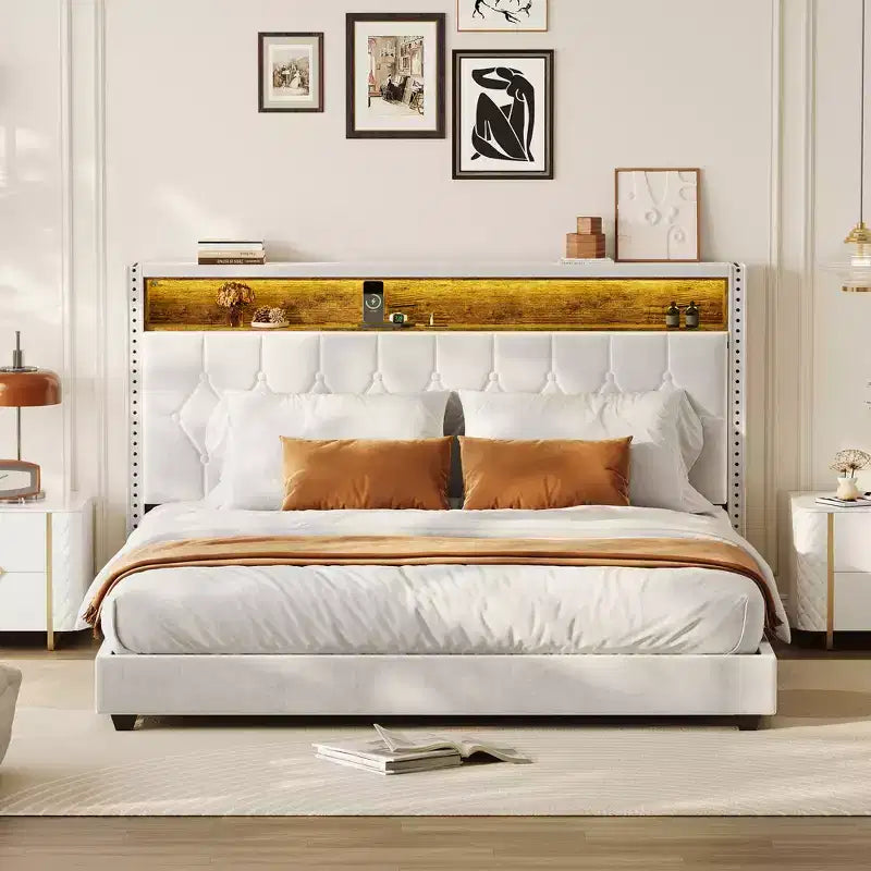 Struttura letto imbottita beige con testiera e ricarica USB, Matrimoniale francese/Matrimoniale/King size, per 1–2 persone