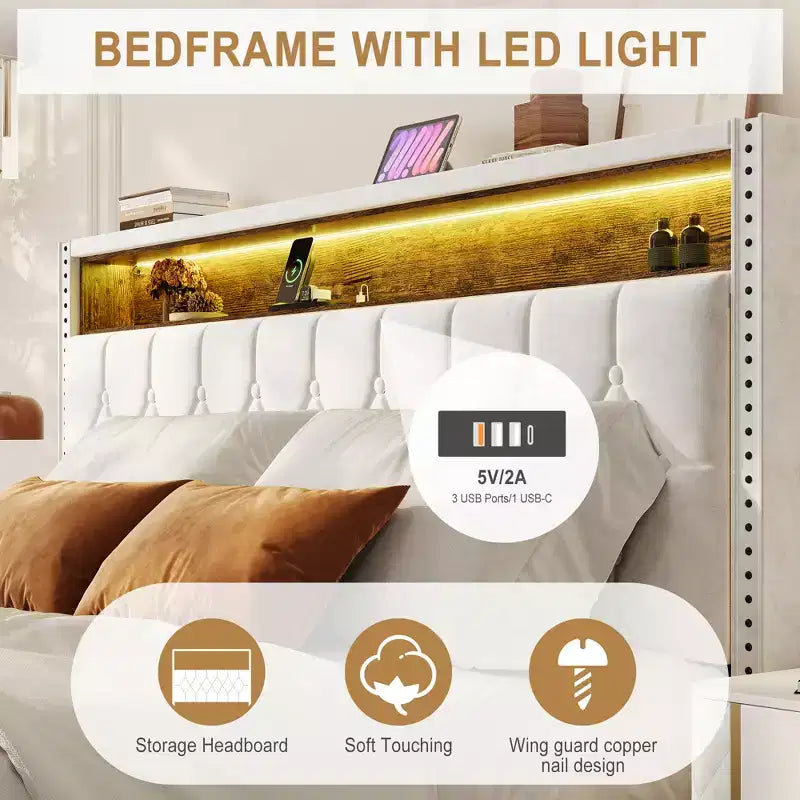 Struttura letto imbottita beige con testiera e ricarica USB, Matrimoniale francese/Matrimoniale/King size, per 1–2 persone