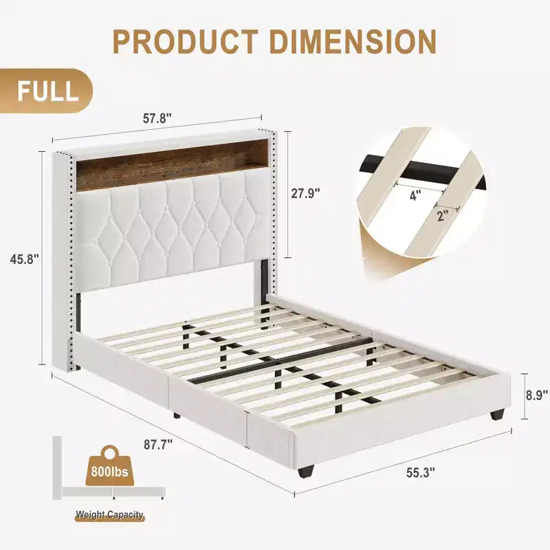Struttura letto imbottita beige con testiera e ricarica USB, Matrimoniale francese/Matrimoniale/King size, per 1–2 persone