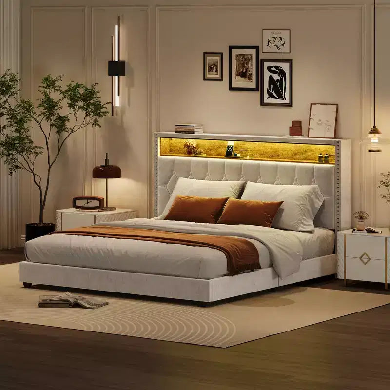 Struttura letto imbottita beige con testiera e ricarica USB, Matrimoniale francese/Matrimoniale/King size, per 1–2 persone