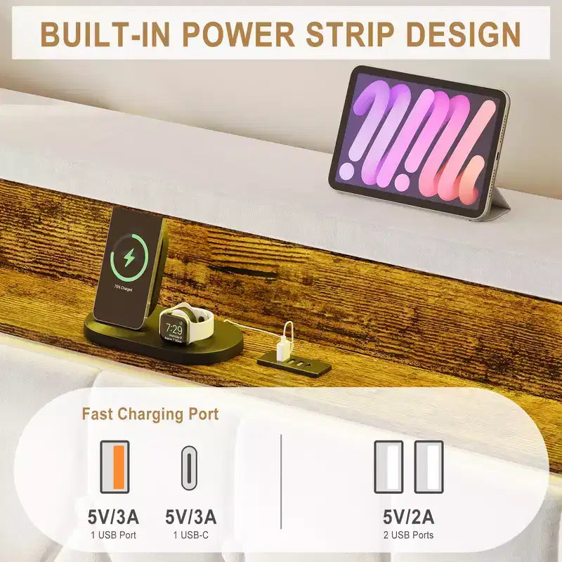 Struttura letto imbottita beige con testiera e ricarica USB, Matrimoniale francese/Matrimoniale/King size, per 1–2 persone