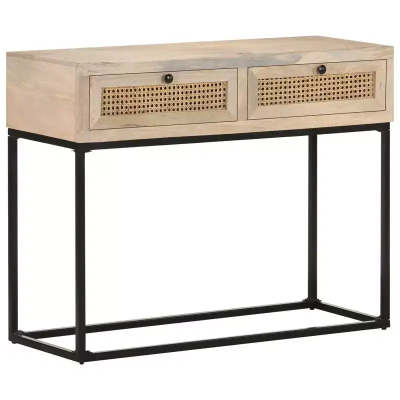 Consolle, Beige Naturale e Nero, Stile Boho, Legno Massello di Mango e Rattan
