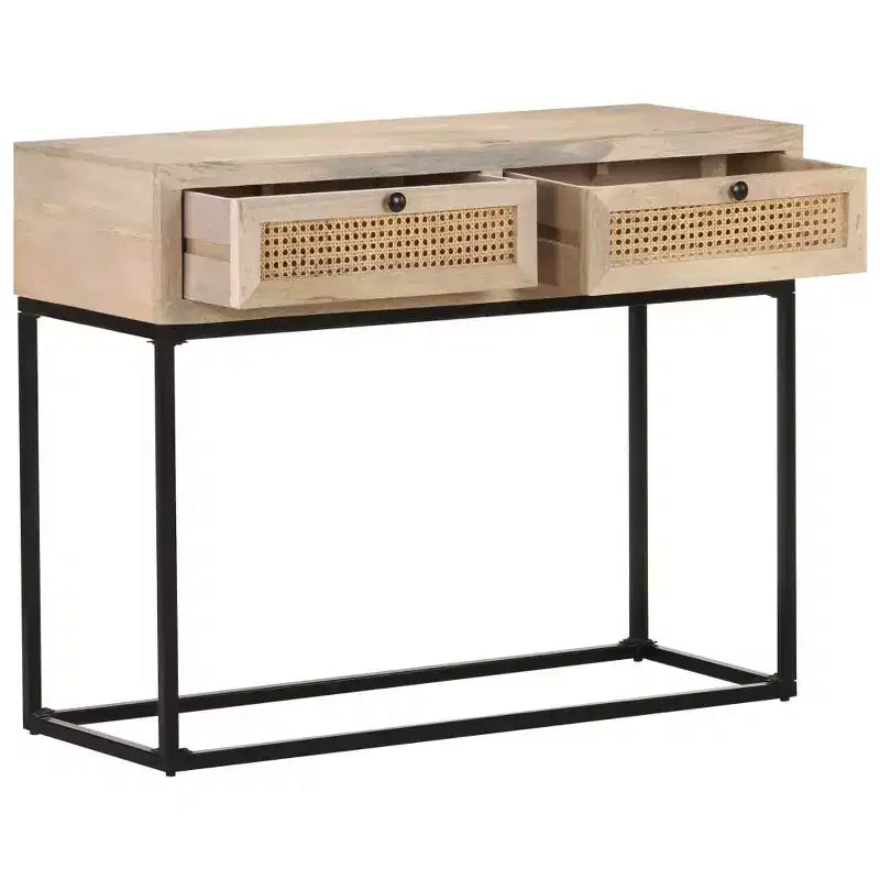 Consolle, Beige Naturale e Nero, Stile Boho, Legno Massello di Mango e Rattan