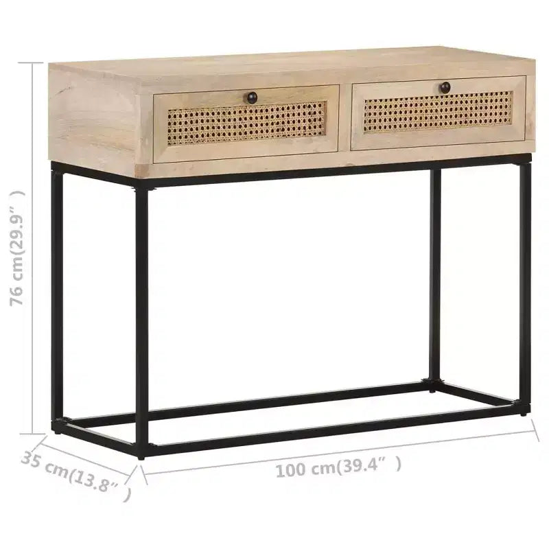 Consolle, Beige Naturale e Nero, Stile Boho, Legno Massello di Mango e Rattan