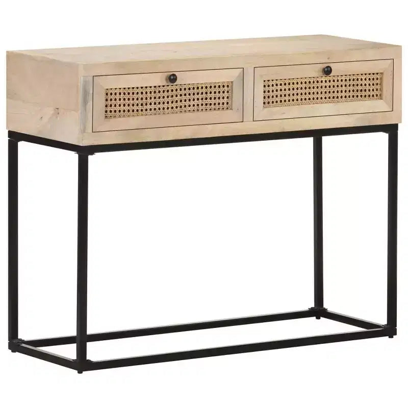 Consolle, Beige Naturale e Nero, Stile Boho, Legno Massello di Mango e Rattan
