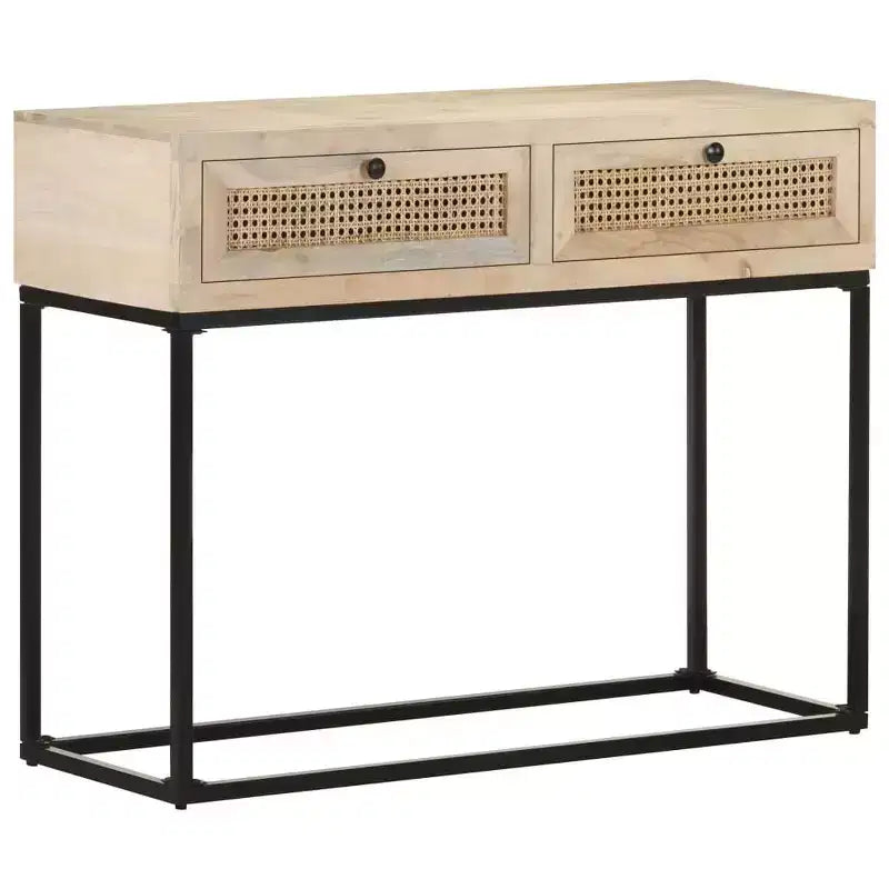 Consolle, Beige Naturale e Nero, Stile Boho, Legno Massello di Mango e Rattan