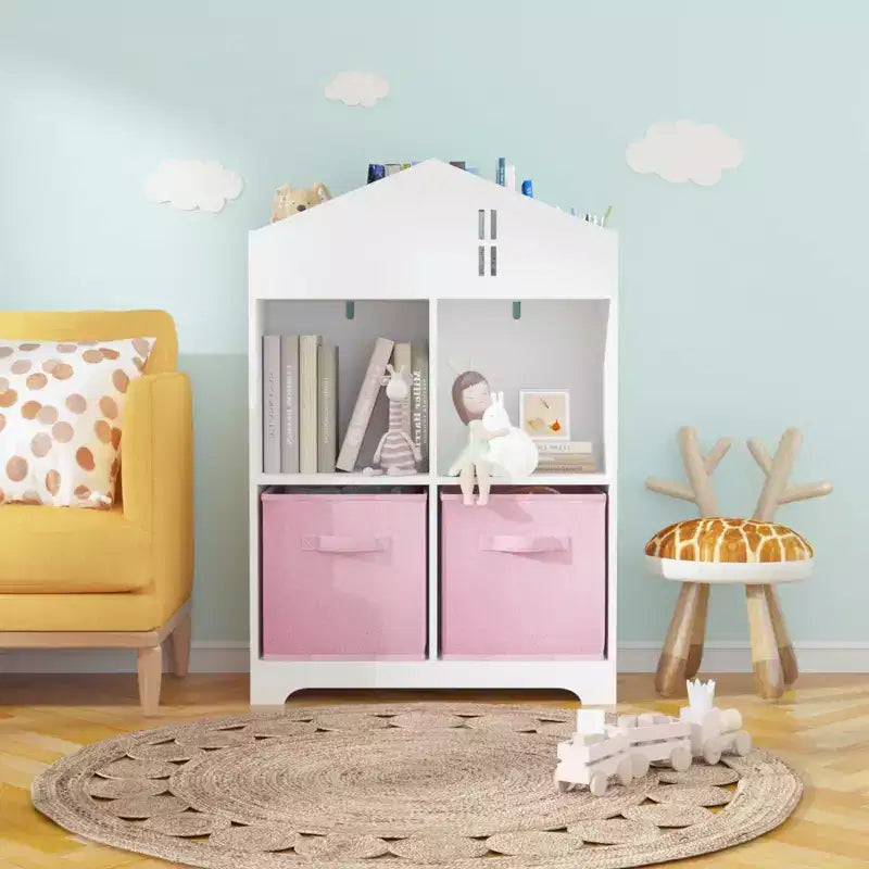 Libreria per case delle bambole bianca e rosa/grigia, portaoggetti per bambini a 2 ripiani con 2 cassetti in tessuto, età 1-5 anni