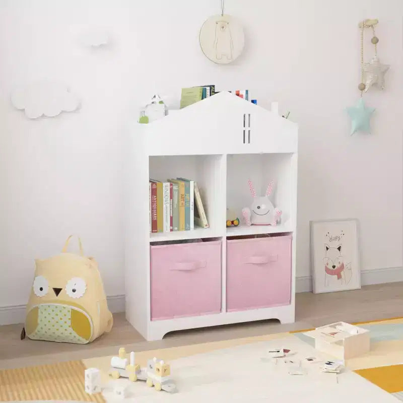 Libreria per case delle bambole bianca e rosa/grigia, portaoggetti per bambini a 2 ripiani con 2 cassetti in tessuto, età 1-5 anni