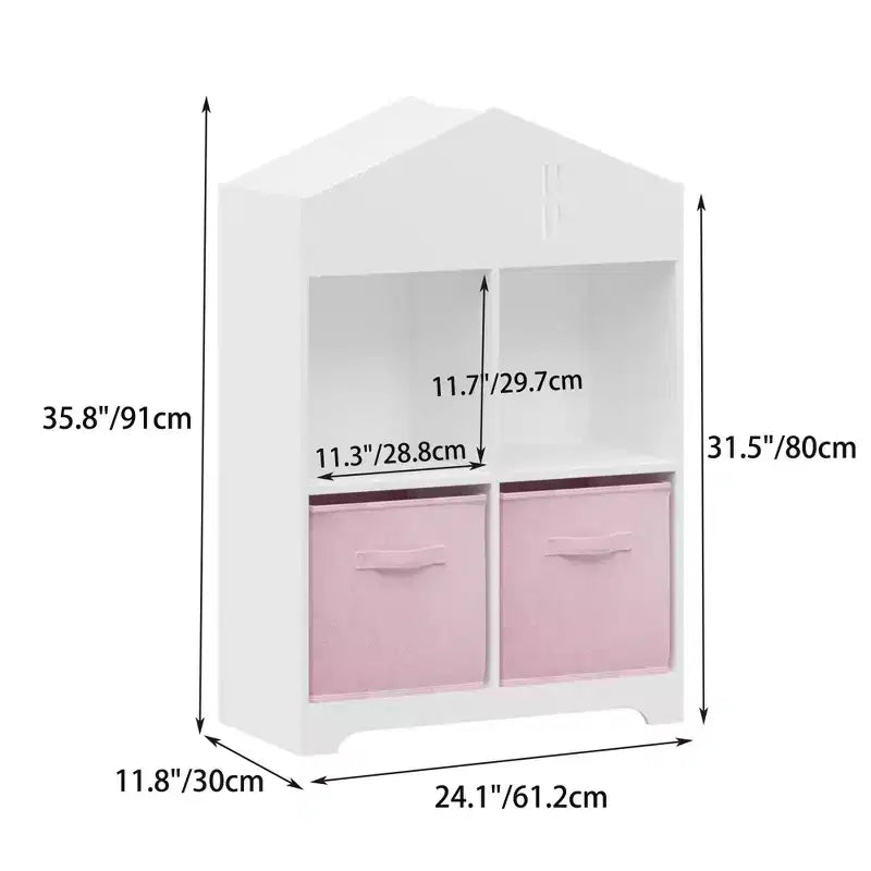 Libreria per case delle bambole bianca e rosa/grigia, portaoggetti per bambini a 2 ripiani con 2 cassetti in tessuto, età 1-5 anni