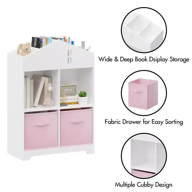 Libreria per case delle bambole bianca e rosa/grigia, portaoggetti per bambini a 2 ripiani con 2 cassetti in tessuto, età 1-5 anni