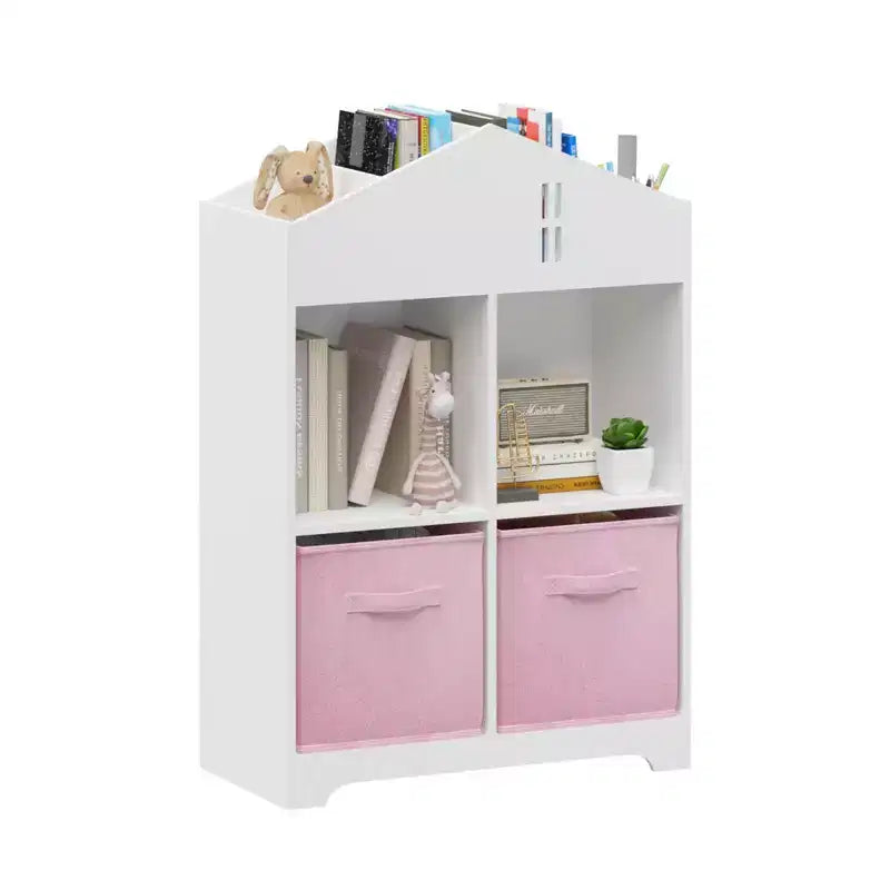 Libreria per case delle bambole bianca e rosa/grigia, portaoggetti per bambini a 2 ripiani con 2 cassetti in tessuto, età 1-5 anni