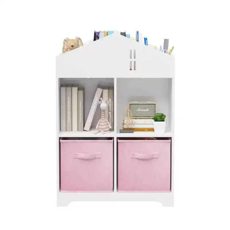 Libreria per case delle bambole bianca e rosa/grigia, portaoggetti per bambini a 2 ripiani con 2 cassetti in tessuto, età 1-5 anni