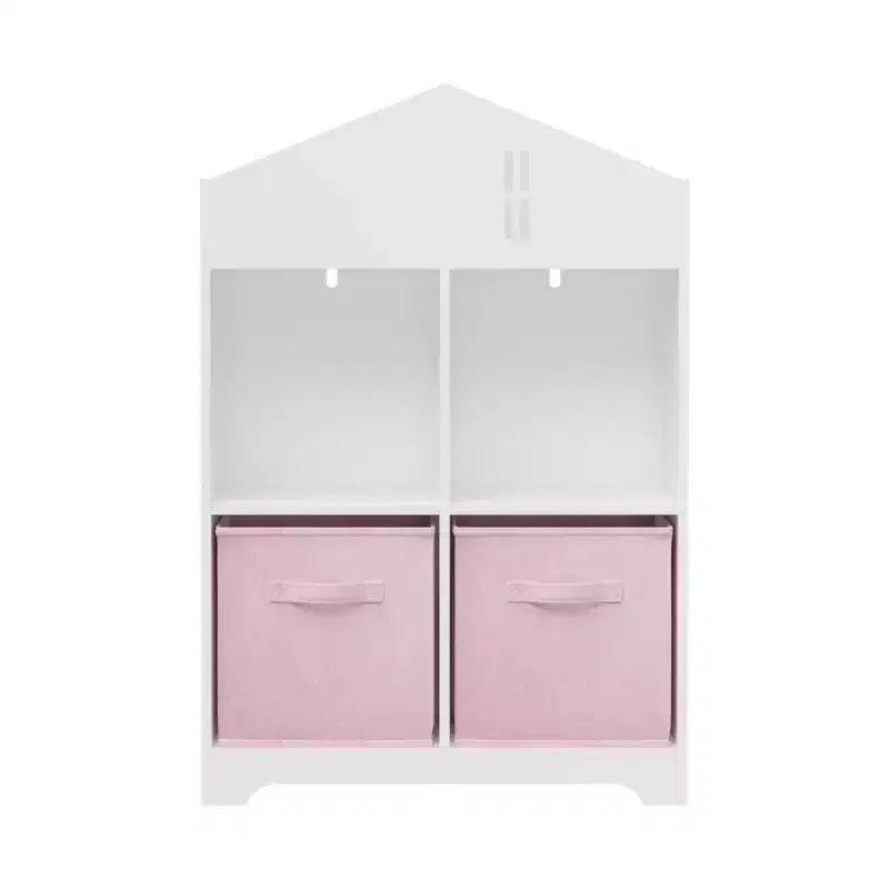 Libreria per case delle bambole bianca e rosa/grigia, portaoggetti per bambini a 2 ripiani con 2 cassetti in tessuto, età 1-5 anni
