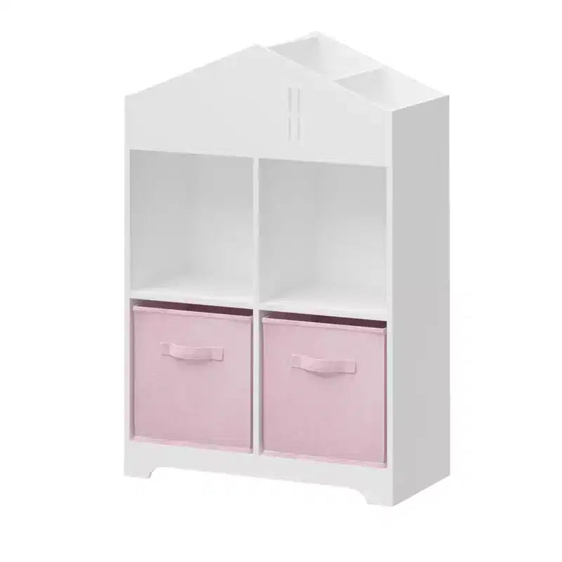 Libreria per case delle bambole bianca e rosa/grigia, portaoggetti per bambini a 2 ripiani con 2 cassetti in tessuto, età 1-5 anni