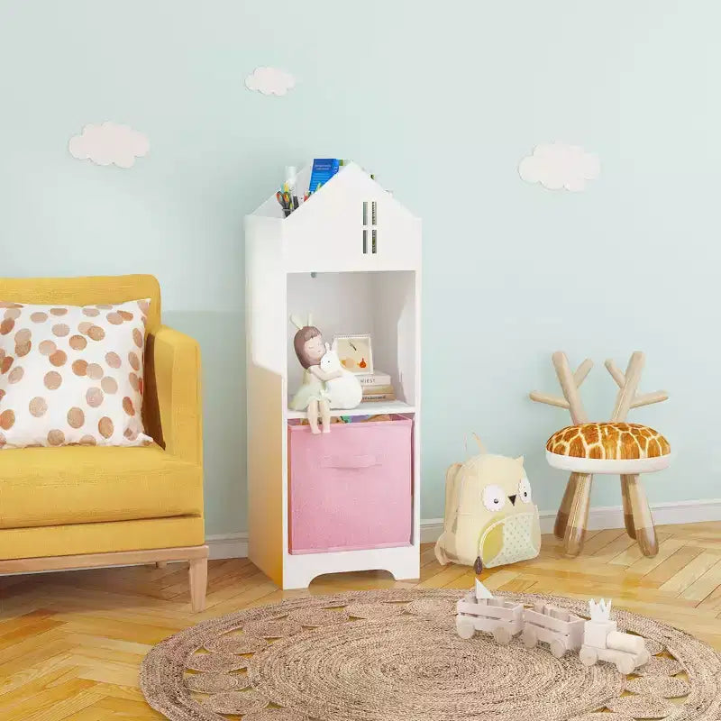 Libreria per case delle bambole bianca e rosa/grigia, portaoggetti per bambini a 2 ripiani con 2 cassetti in tessuto, età 1-5 anni
