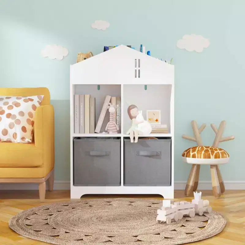 Libreria per case delle bambole bianca e rosa/grigia, portaoggetti per bambini a 2 ripiani con 2 cassetti in tessuto, età 1-5 anni