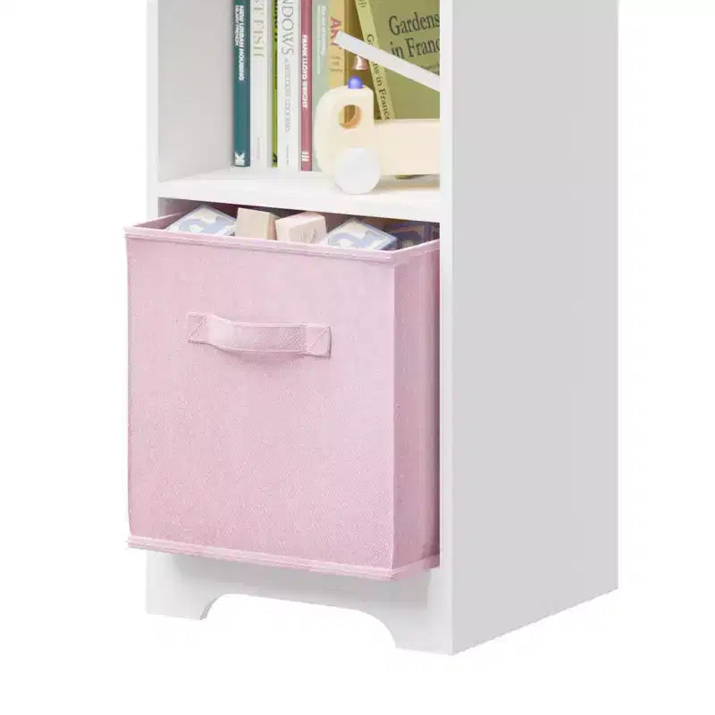 Libreria per case delle bambole bianca e rosa/grigia, portaoggetti per bambini a 2 ripiani con 2 cassetti in tessuto, età 1-5 anni