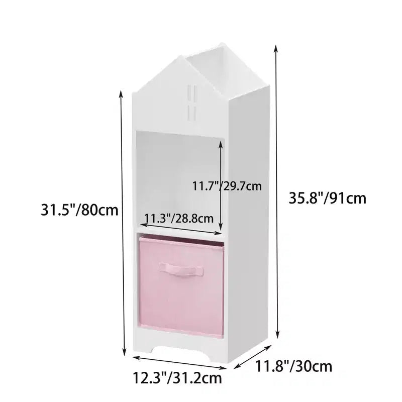 Libreria per case delle bambole bianca e rosa/grigia, portaoggetti per bambini a 2 ripiani con 2 cassetti in tessuto, età 1-5 anni