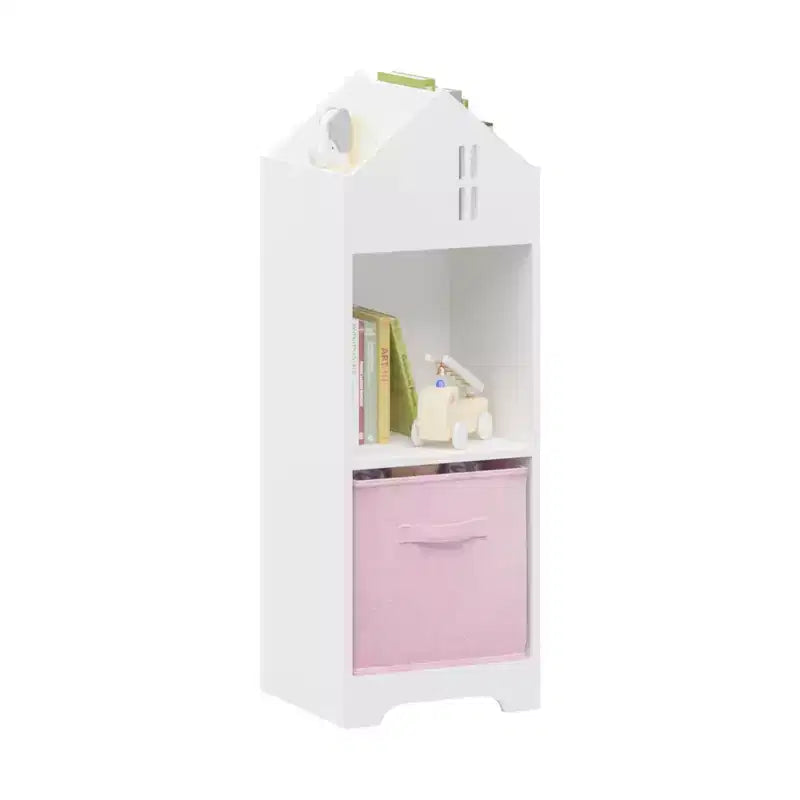 Libreria per case delle bambole bianca e rosa/grigia, portaoggetti per bambini a 2 ripiani con 2 cassetti in tessuto, età 1-5 anni
