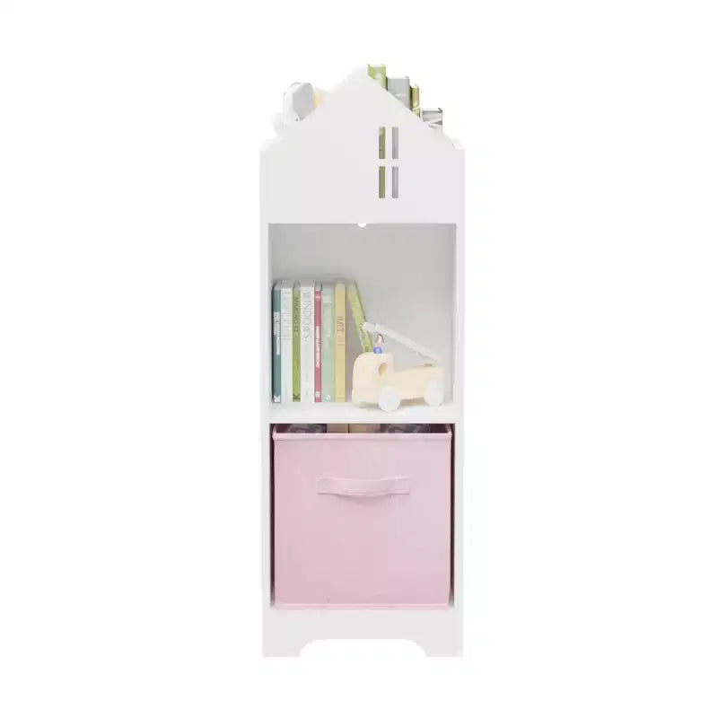 Libreria per case delle bambole bianca e rosa/grigia, portaoggetti per bambini a 2 ripiani con 2 cassetti in tessuto, età 1-5 anni