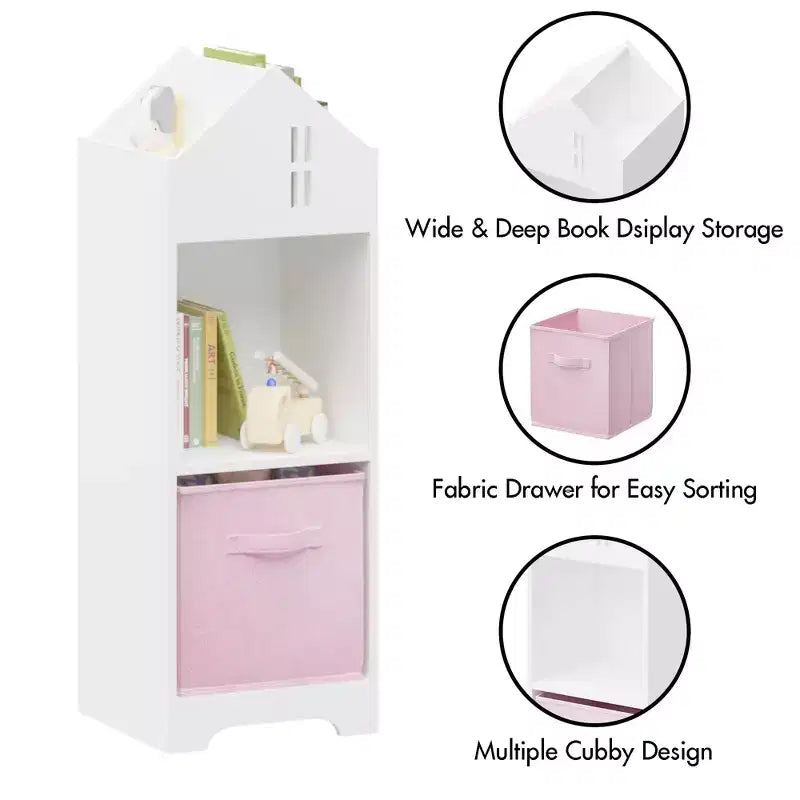 Libreria per case delle bambole bianca e rosa/grigia, portaoggetti per bambini a 2 ripiani con 2 cassetti in tessuto, età 1-5 anni