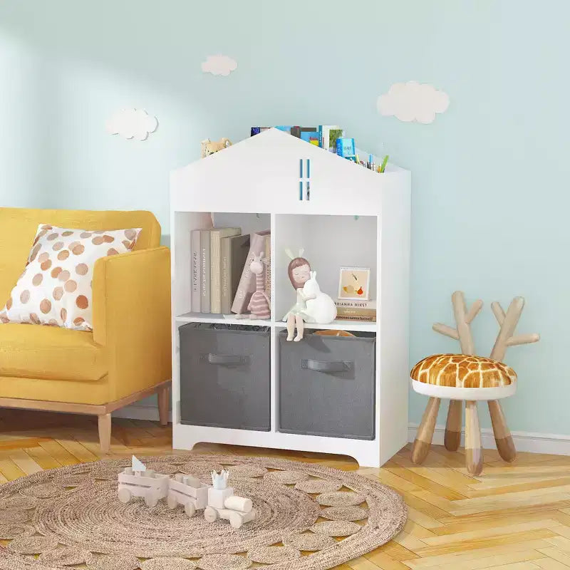 Libreria per case delle bambole bianca e rosa/grigia, portaoggetti per bambini a 2 ripiani con 2 cassetti in tessuto, età 1-5 anni
